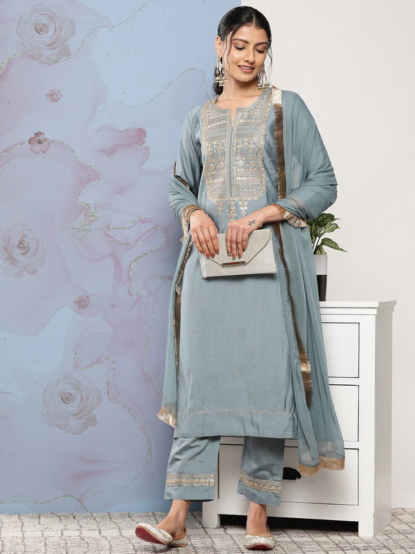 Women's Grey Ethnic Motifs Gotta Patti Kurta with Trousers & With Dupatta - Varanga