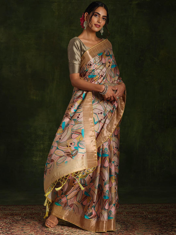 Green Printed Silk Blend Saree With Unstitched Blouse Piece - Jashvi