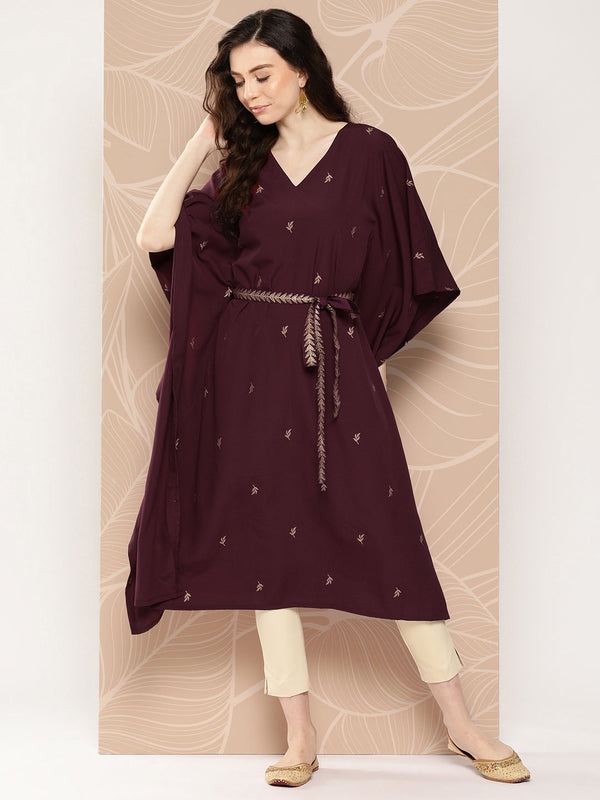 Burgundy Floral Printed Belted Detail Kaftan Kurta