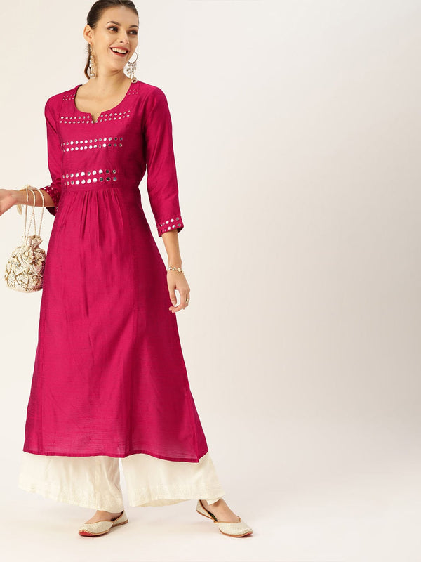 Women's Magenta & Silver-Toned Embellished A-Line Kurta - Varanga