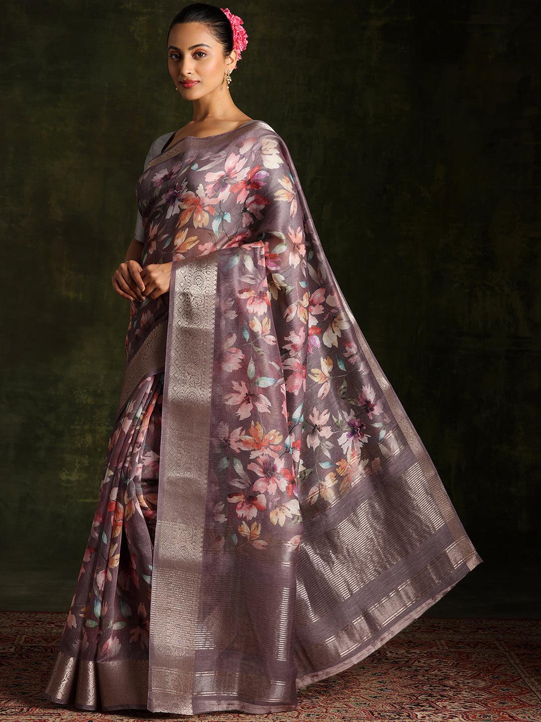 Grey Printed Silk Blend Saree With Unstitched Blouse Piece - Jashvi