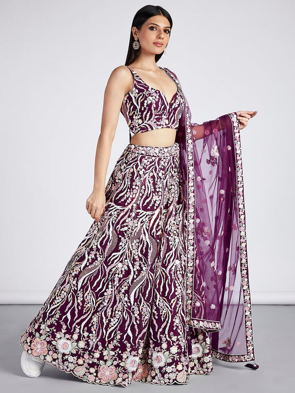 Women's Burgundy Net Sequins And Thread Embroidery Lehenga Choli & Dupatta - Royal Dwells