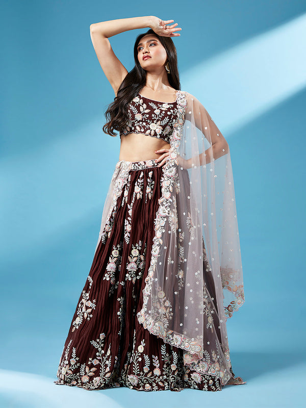 Women's Brown - Pure Georgette Thread & Sequins Work Ready To Wear Lehenga - Royal Dwells