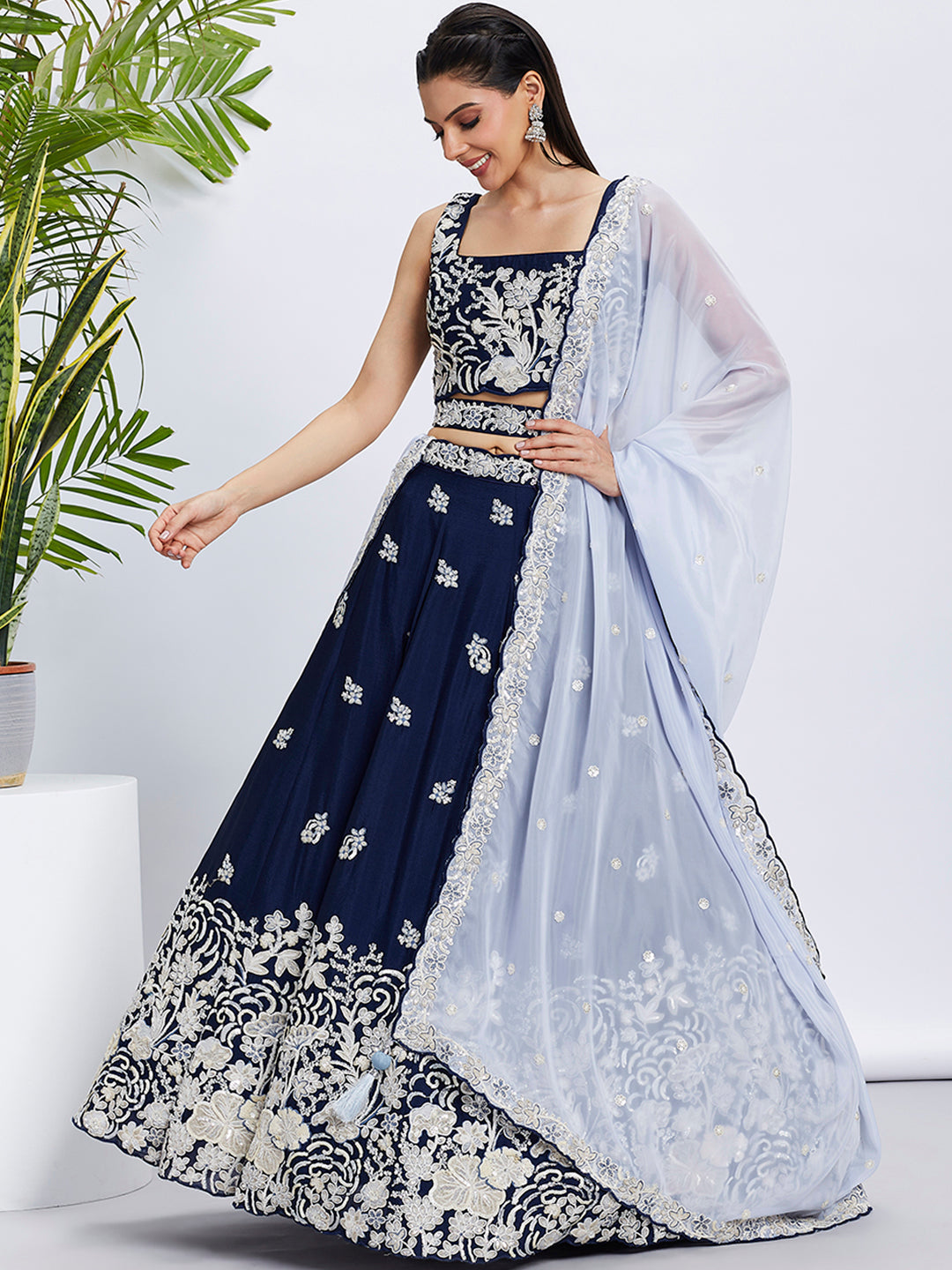 Women's Navy Blue Pure Georgette Sequins And Thread Embroidery Lehenga Choli & Dupatta - Royal Dwells