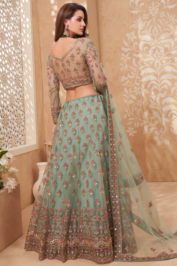 Women's Sparkle Mint Green Heavy Embroidered Designer Net Lehenga Choli - CHITRAS