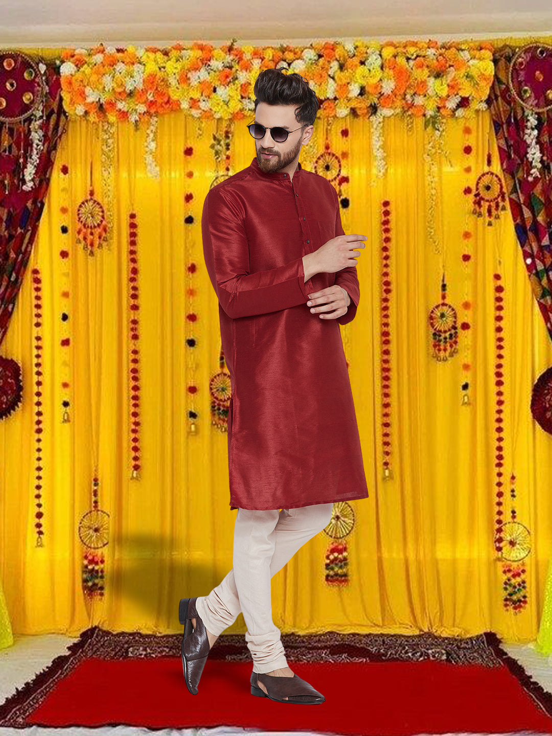 Men's Art Silk Maroon Kurta - Even Apparels