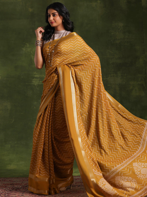 Mustard Printed Silk Blend Saree With Unstitched Blouse Piece - Jashvi