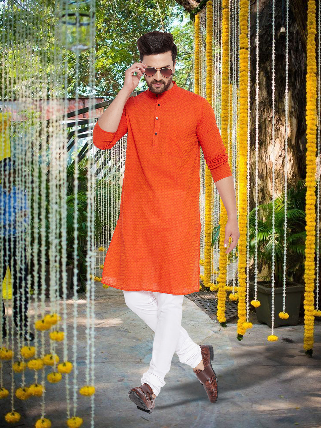 Men's Pure Cotton Orange Striped Kurta - Even Apparels