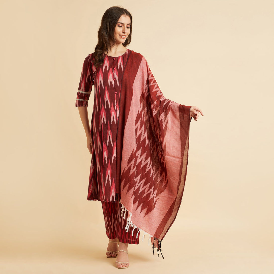 Women's Maroon Cotton A-Line Calf Length Kurta With Palazzo & Dupatta Set - Azira