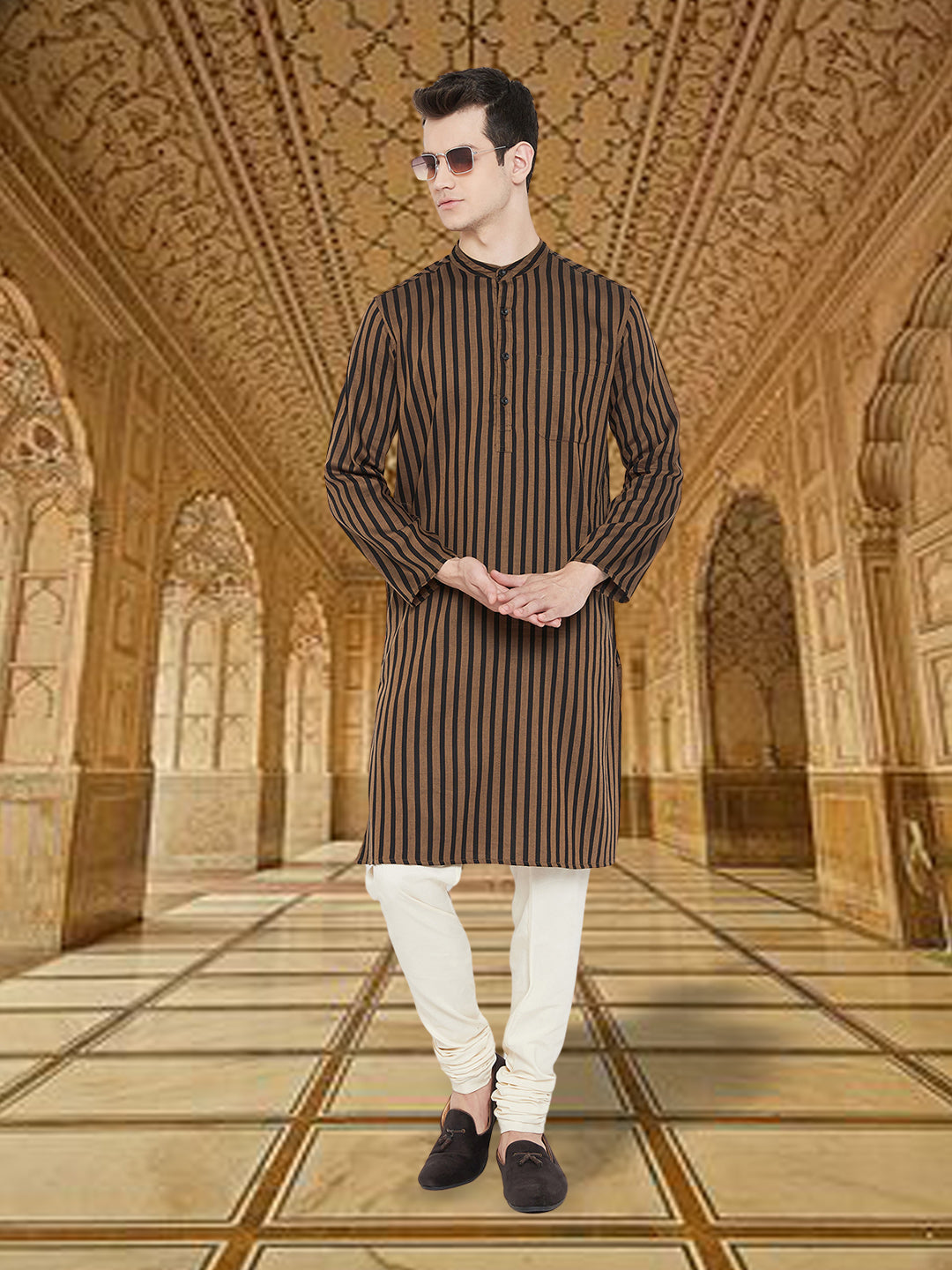 Men's Striped Brown And Black Kurta - Even Apparels