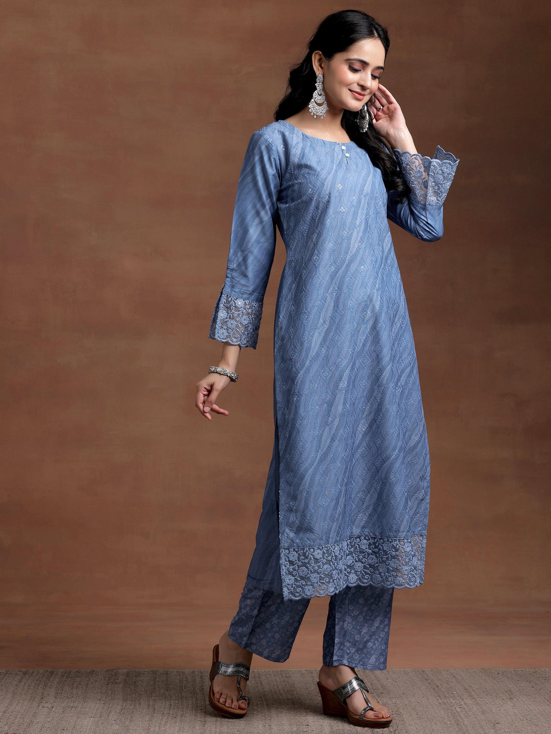 Blue Embroidered Silk Blend Straight Suit With Dupatta - Jashvi