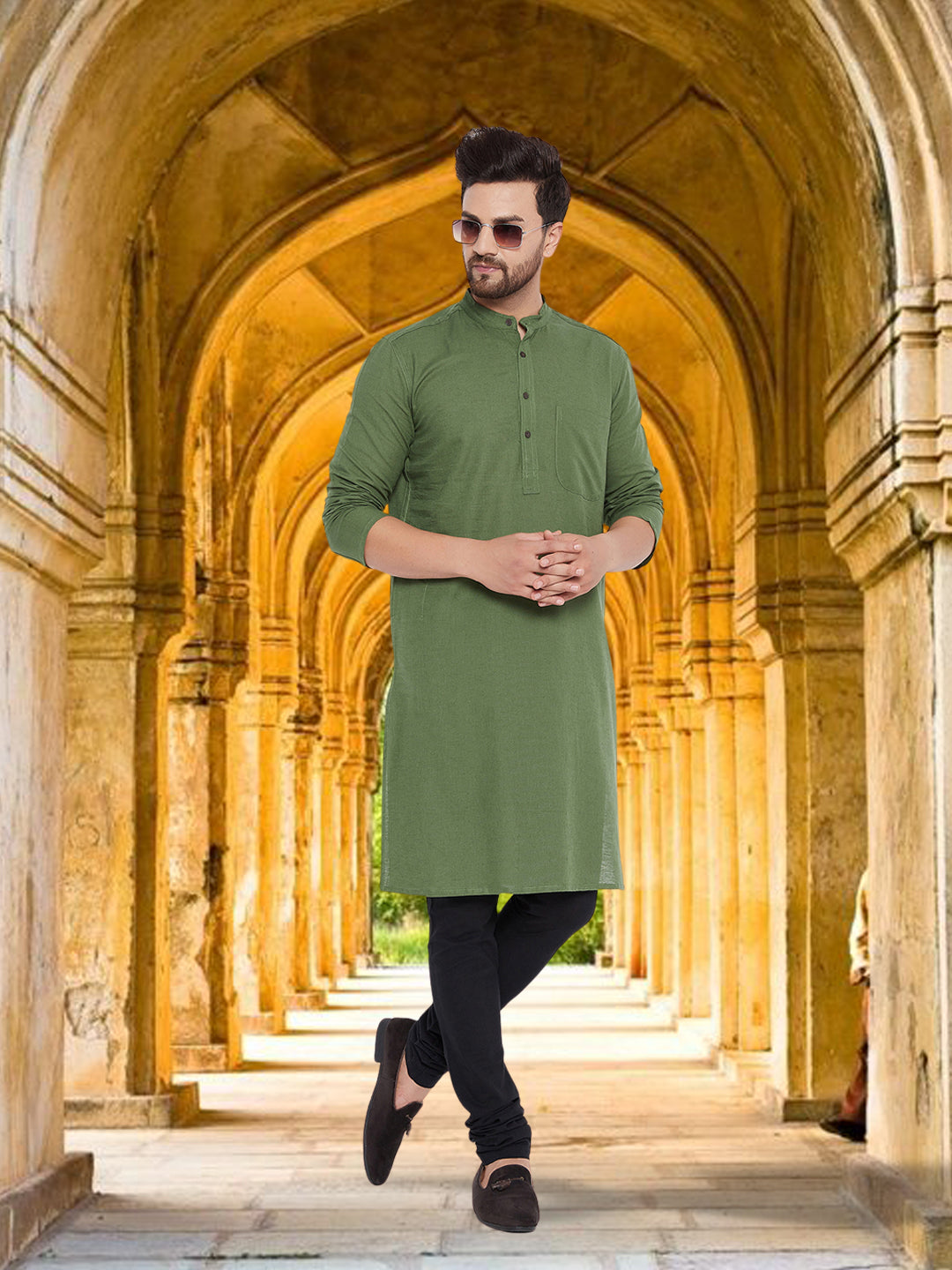 Men's Solid Green Linen Kurta - Even Apparels