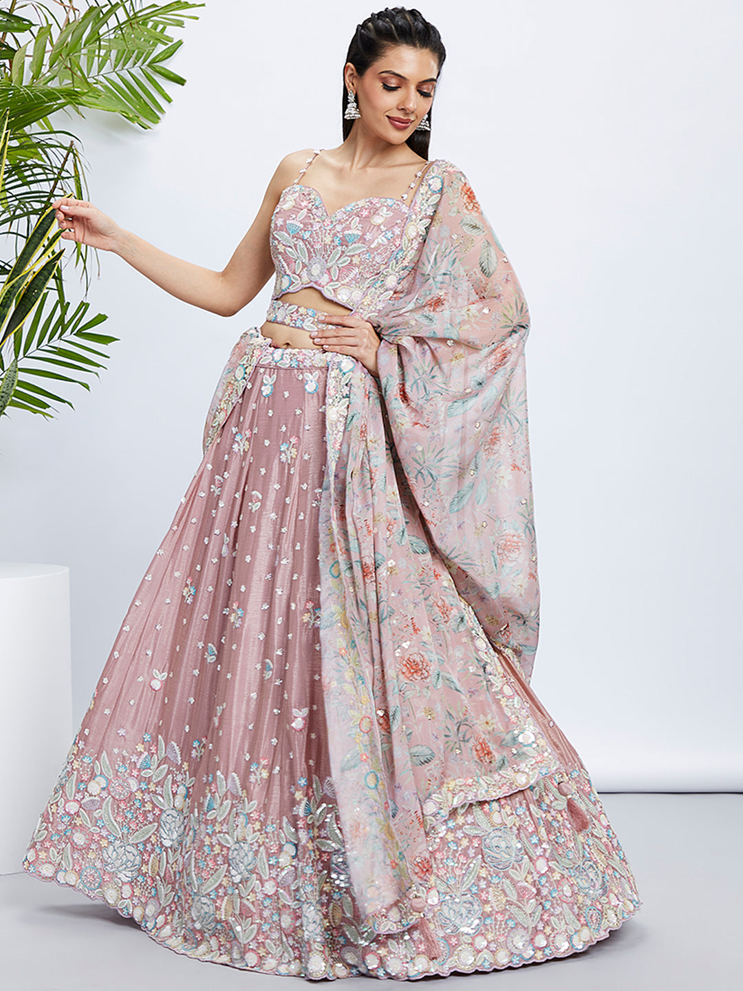 Women's Pink Chiffon Position Print With Sequins Embroidery  Lehenga Choli & Dupatta - Royal Dwells