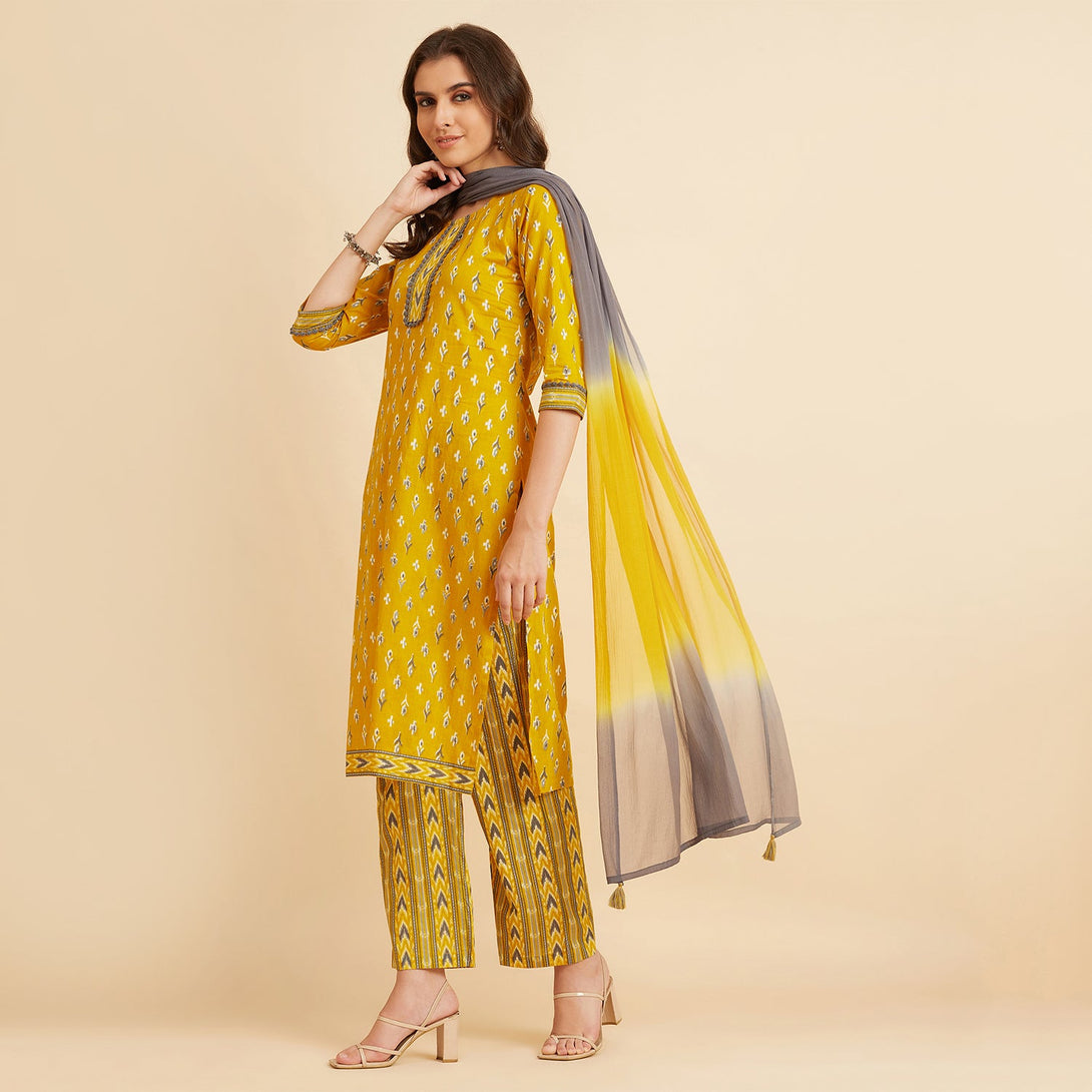 Women's Yellow Cotton Straight Calf Length Kurta With Palazzo & Dupatta Set - Azira