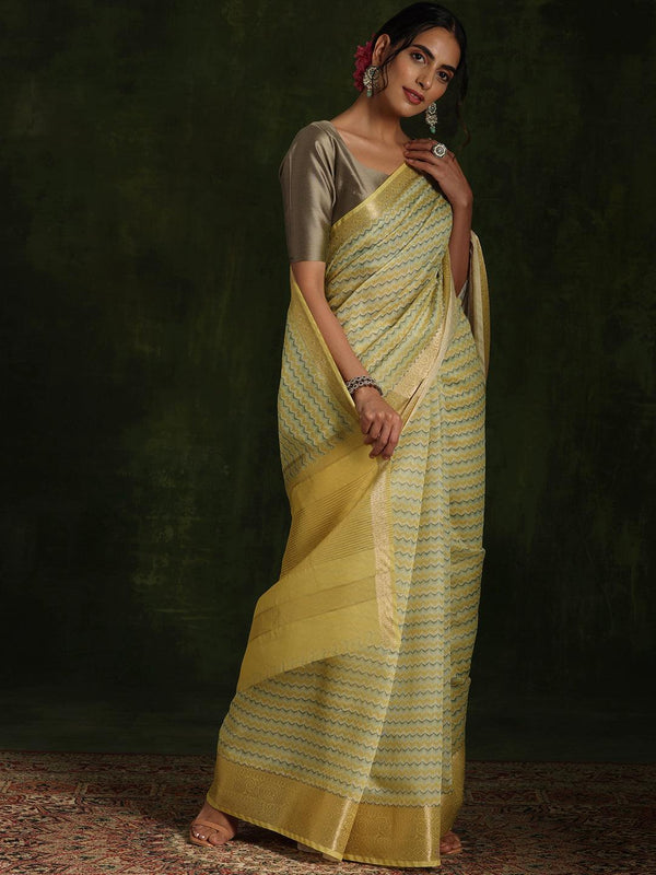 Yellow Printed Silk Blend Saree With Unstitched Blouse Piece - Jashvi