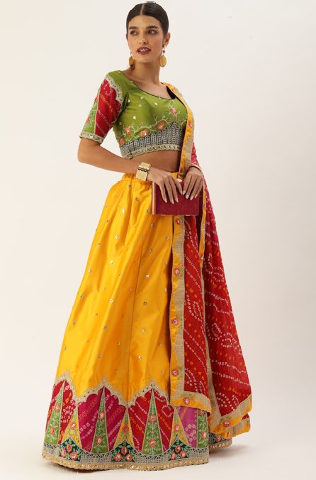 Women's Mustard Satin Silk Thread Work Lehenga & Blouse With Dupatta - Royal Dwells