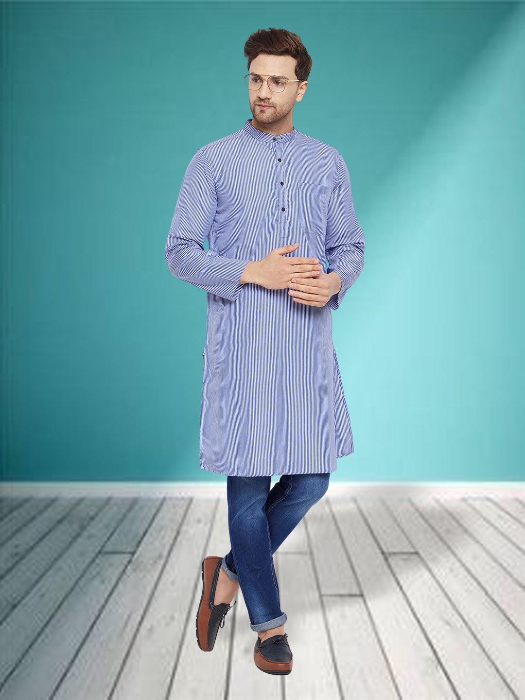 Men's Pure Cotton Blue Striped Kurta - Even Apparels