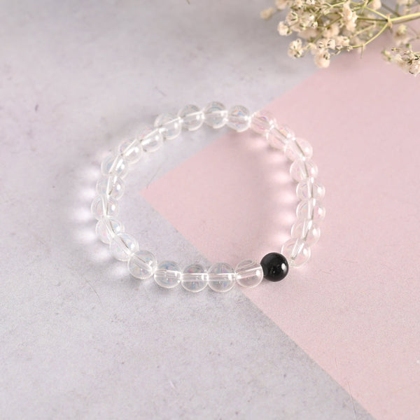 Unisex Transparent & White & Black Marbel Crystal Elasticated Bracelet - NVR