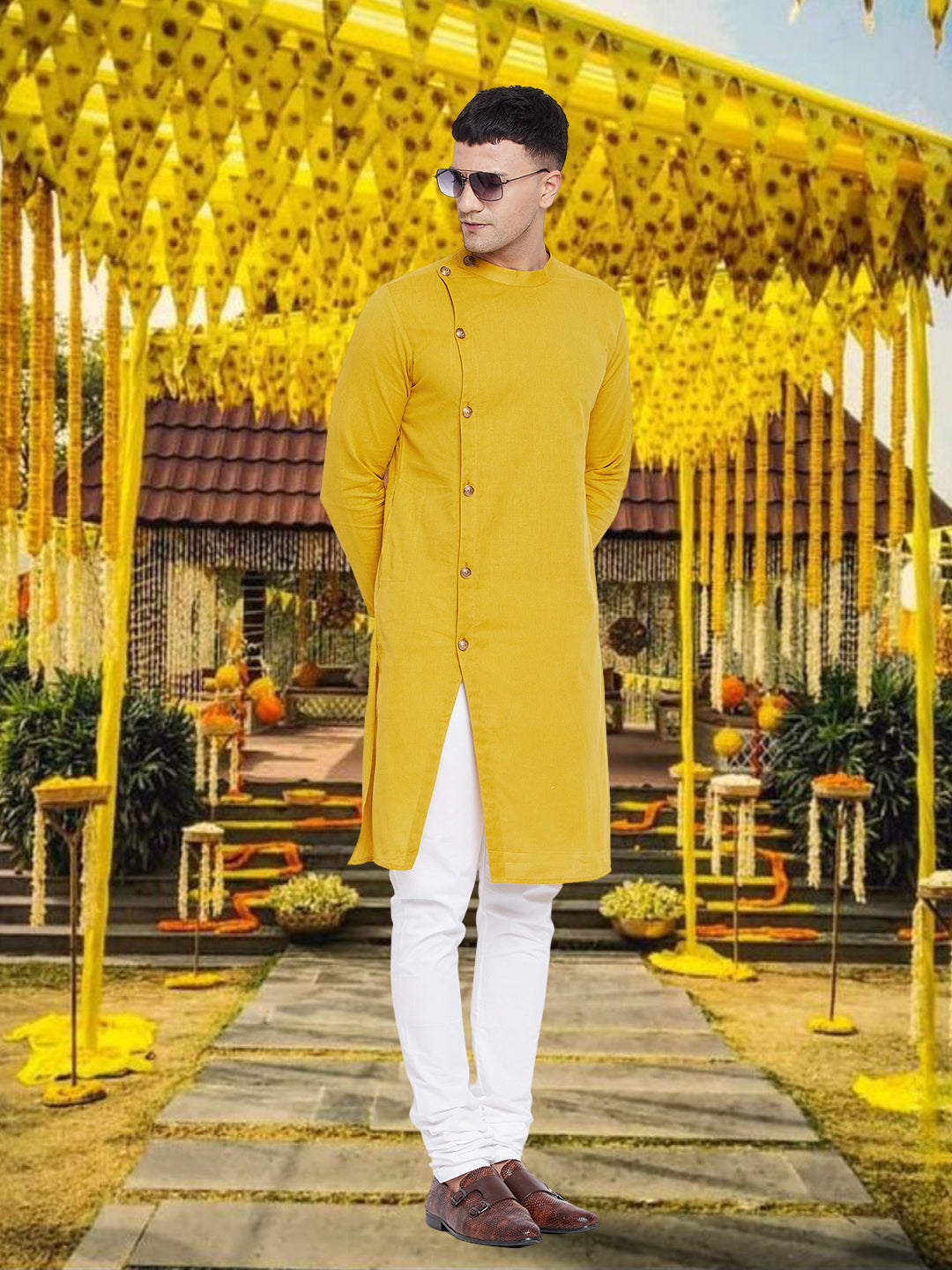 Men's Asymetrical Yellow Sherwani Kurta - Even Apparels