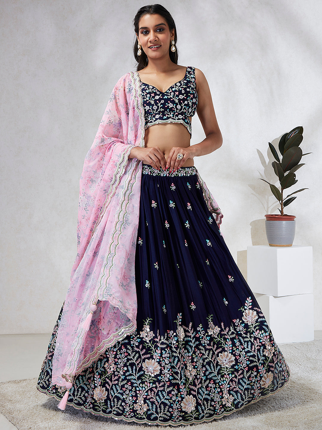 Women's Blue Georgette Sequins, Mirror And Thread Embroidery  Lehenga Choli & Dupatta - Royal Dwells