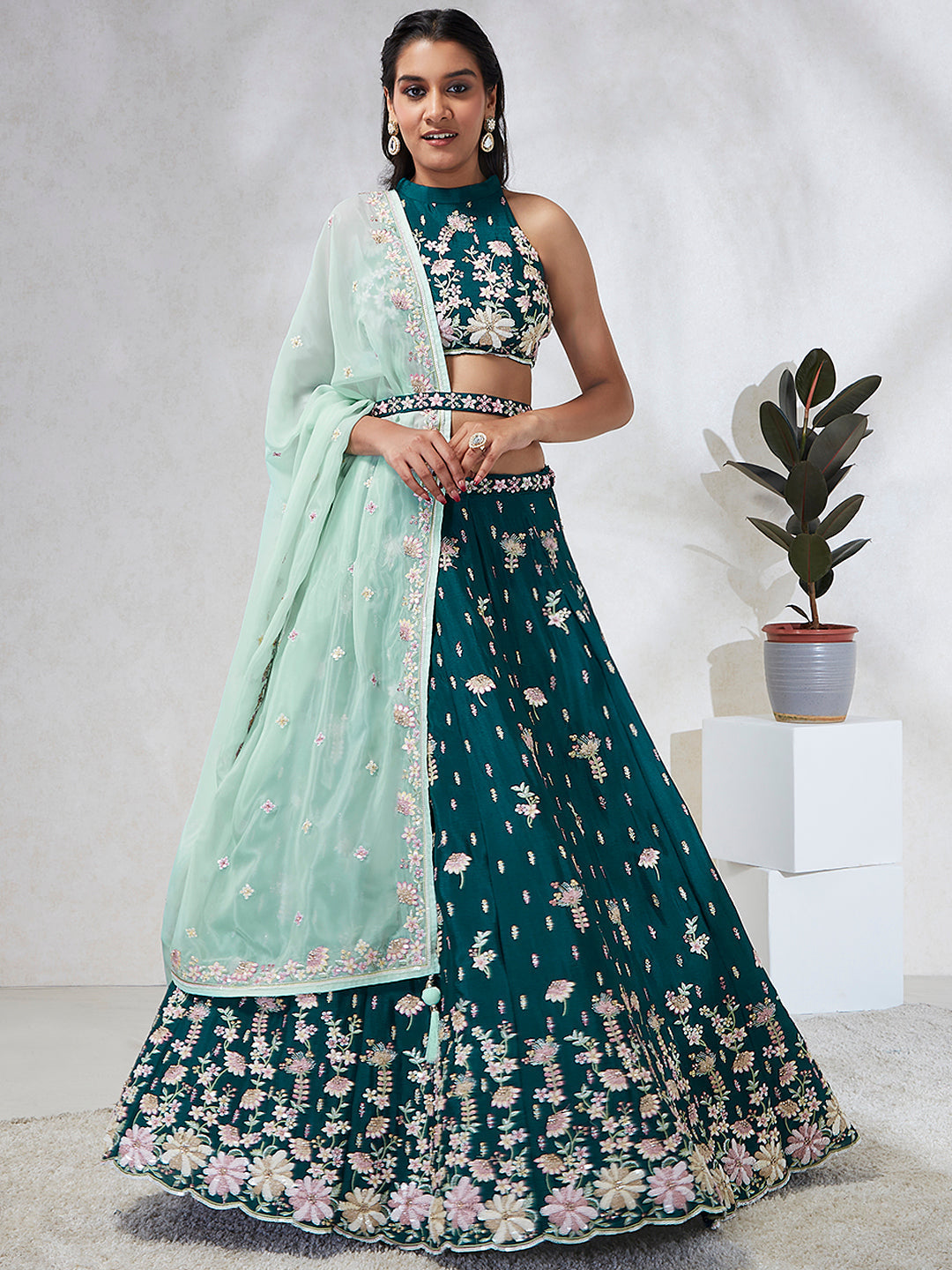 Women's Green Pure Georgette Sequins And Thread Embroidery  Lehenga Choli & Dupatta - Royal Dwells