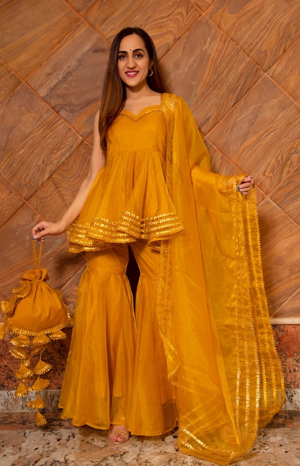 Women's Murat Musturd Organza Sharara Set - Pomcha Jaipur