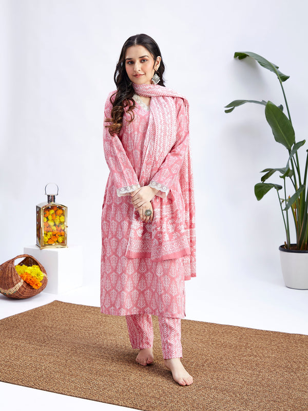 Jashvi Women's Pink Cotton Kurta Set With Matching Dupatta