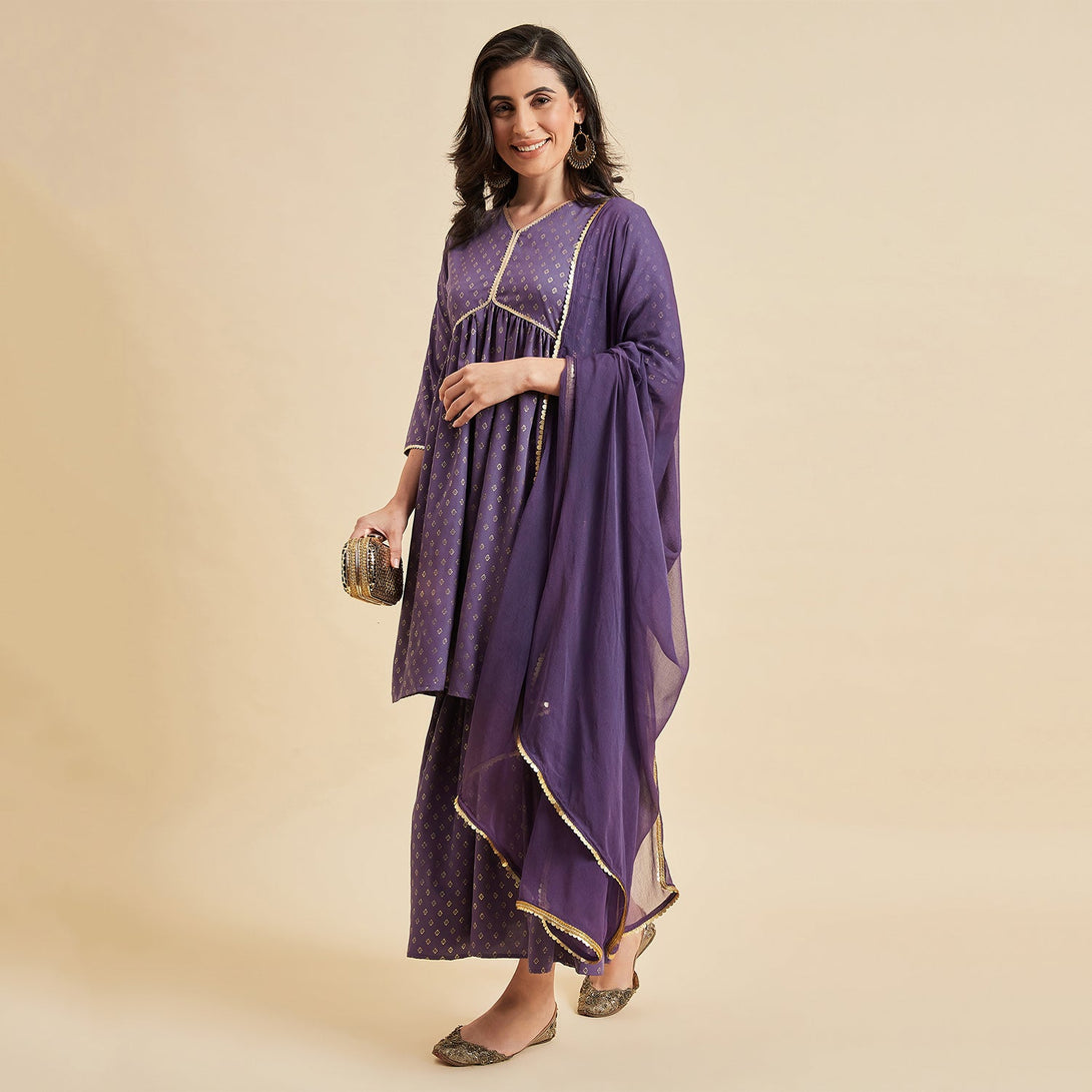 Women's Purple Kurta With Sharara And Dupatta Set - Azira