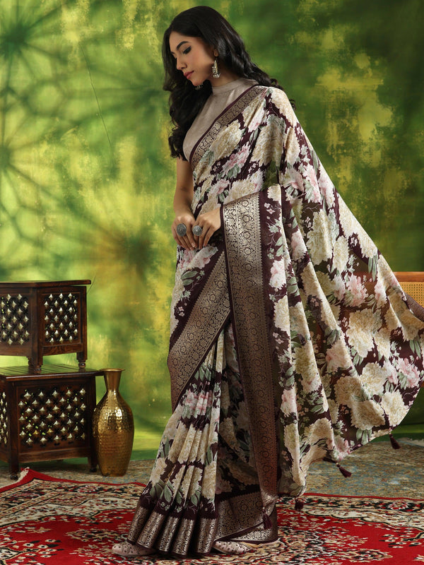 Wine Printed Silk Blend Saree With Unstitched Blouse Piece