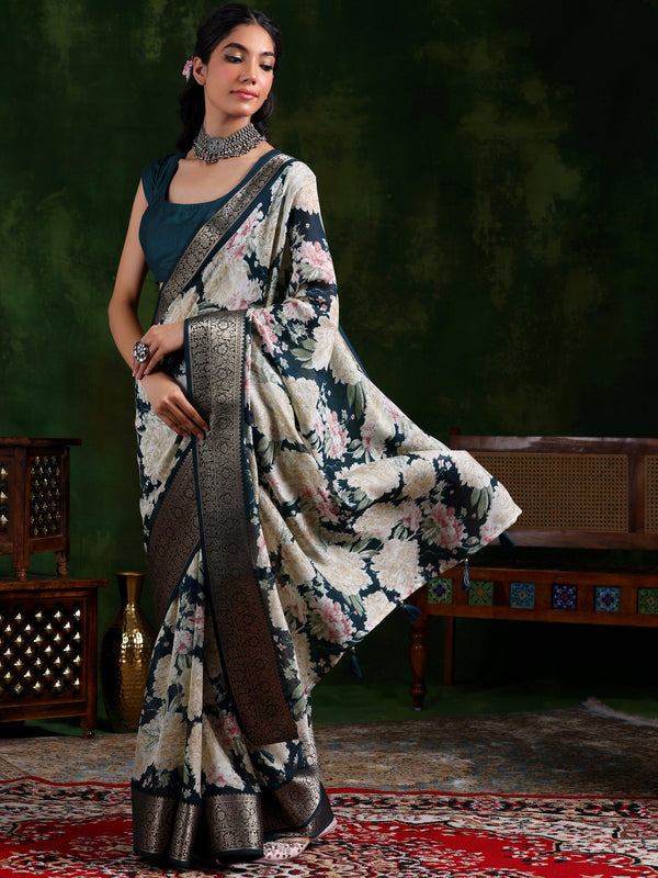 Teal Printed Silk Blend Saree With Unstitched Blouse Piece