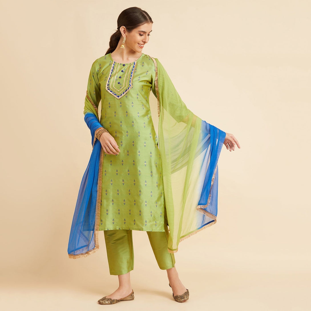 Women's Green Tafeta Straight Calf Length Kurta With Palazzo & Dupatta Set - Azira