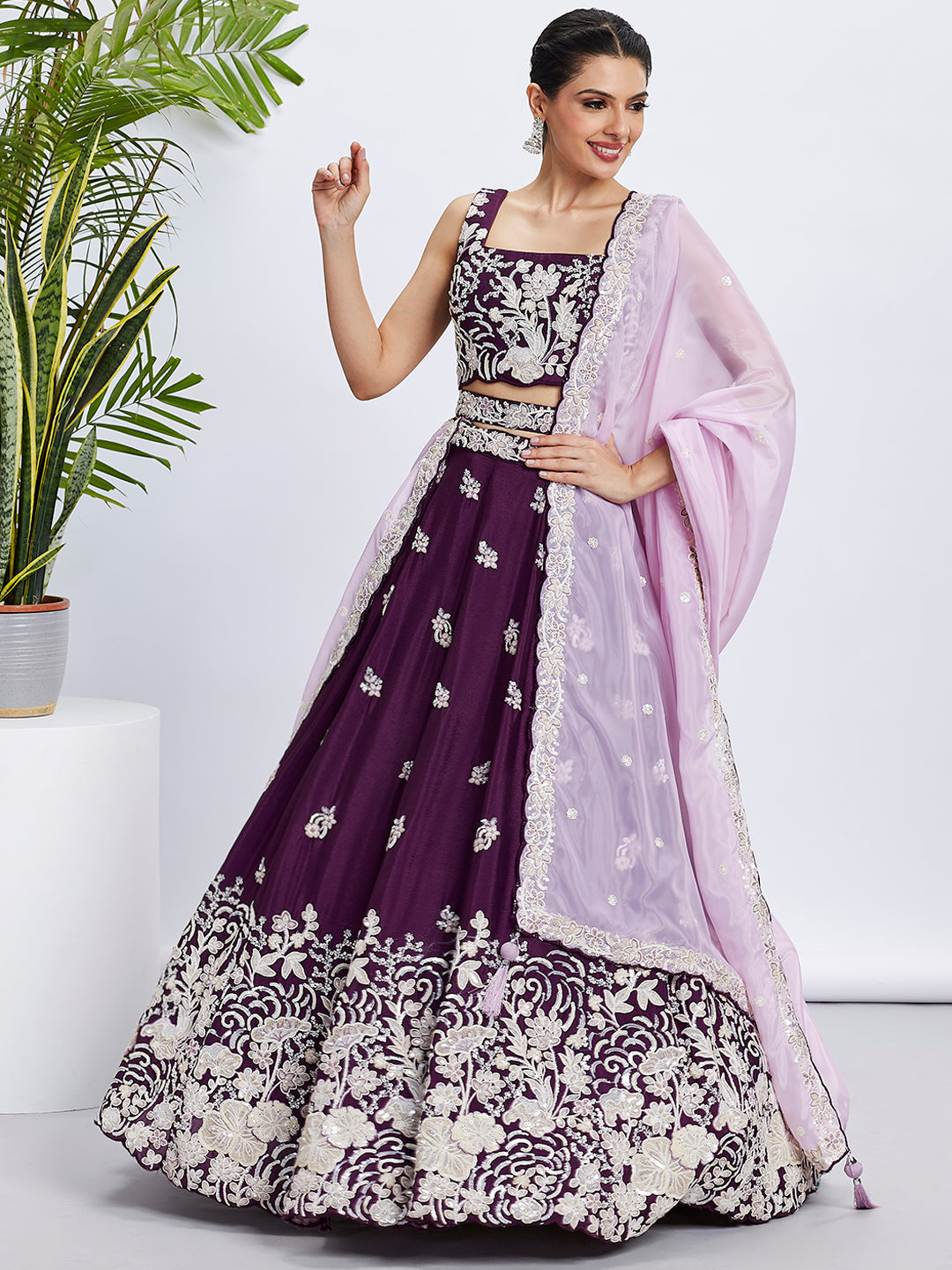 Women's Purple Pure Georgette Sequins And Thread Embroidery Lehenga Choli & Dupatta - Royal Dwells