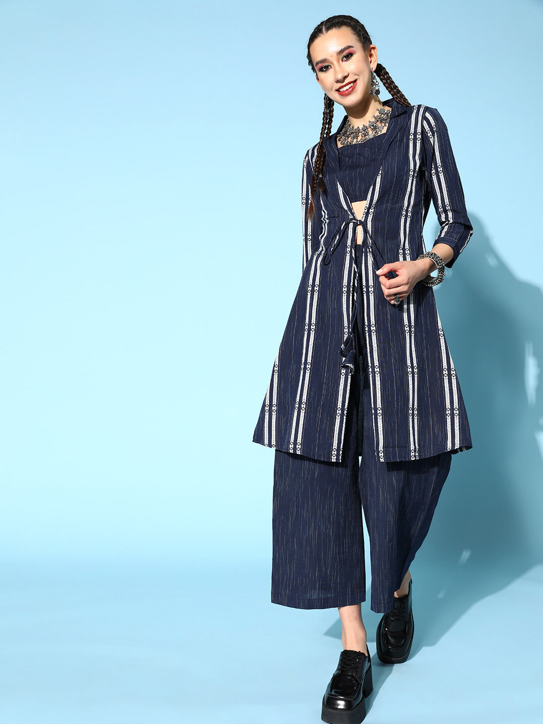 Women's Poly Woven Stripe Regular Ethnic Set (Navy Blue) -