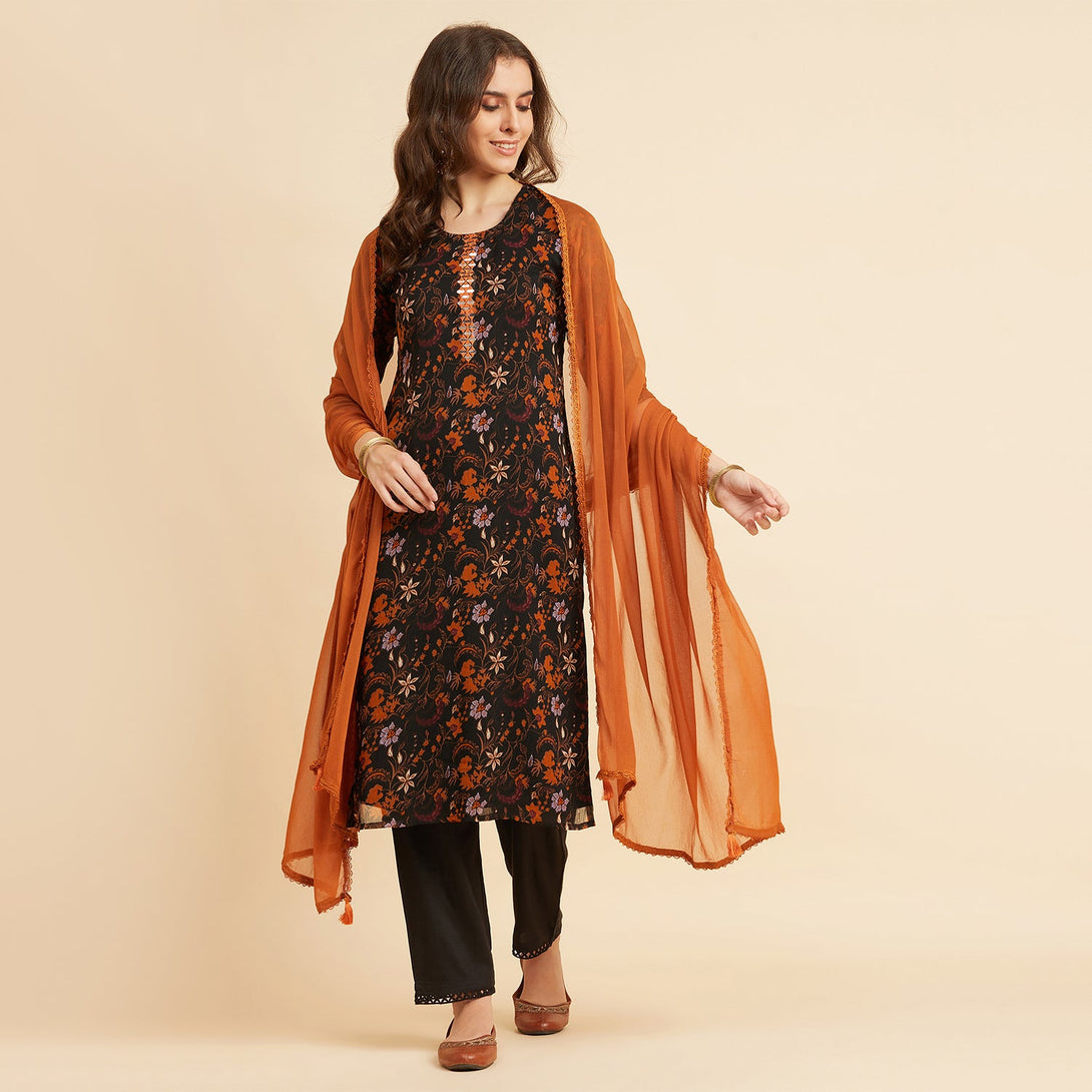 Women's Black Chiffon Straight Calf Length Kurta With Palazzo & Dupatta Set - Azira