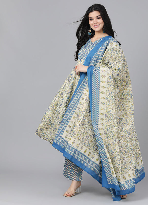 Women's Grey Printed Kurta Palazzo With Dupatta - Aks