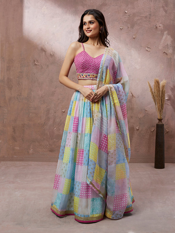 Women's Turquoise Blue Organza Floral Printed Semi-Stitched Lehenga Choli & Dupatta - Royal Dwells