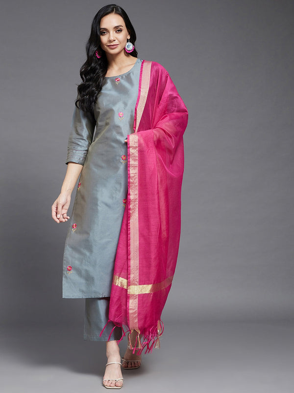 Women's Grey And Pink Embroidered Side Slit Straight Kurta With Palazzo And Dupatta Set - Azira