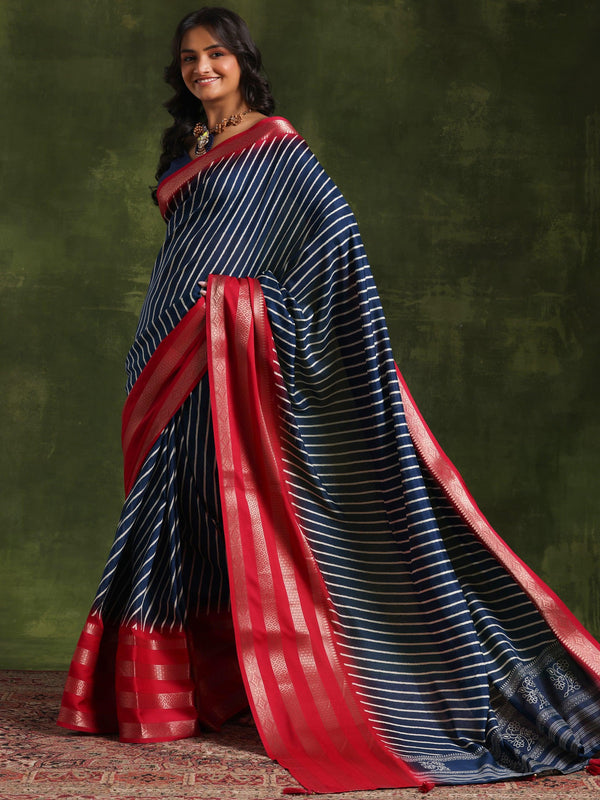 Blue Printed Silk Blend Saree With Unstitched Blouse Piece - Jashvi