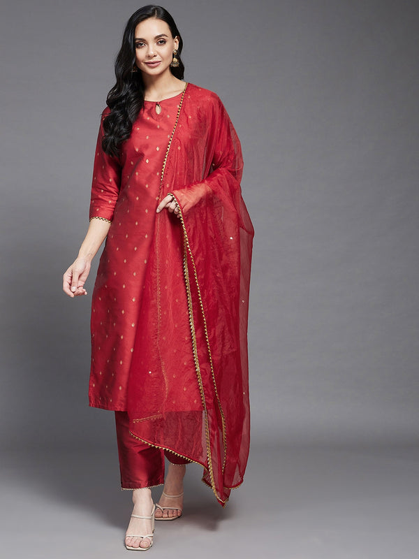 Women's Red And Gold Solid Side Slit Straight Kurta Palazzo And Dupatta Set - Azira