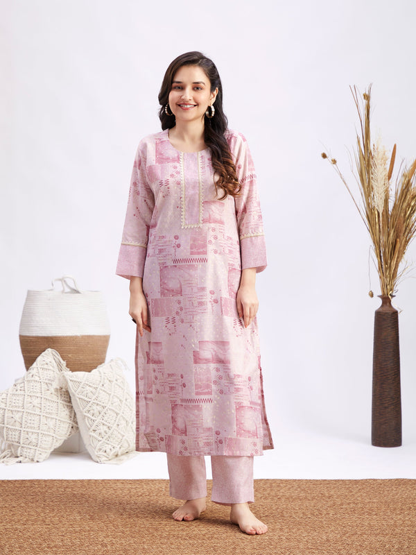 Jashvi Women's Light Pink Printed Cotton Kurta Pant Set