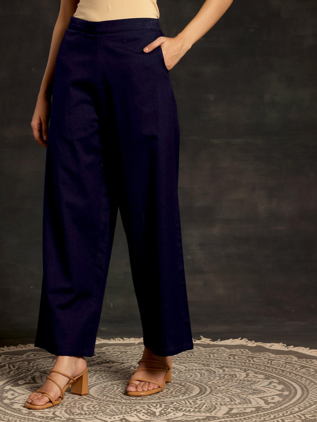 Navy Blue Solid Cotton Palazzos - Jashvi