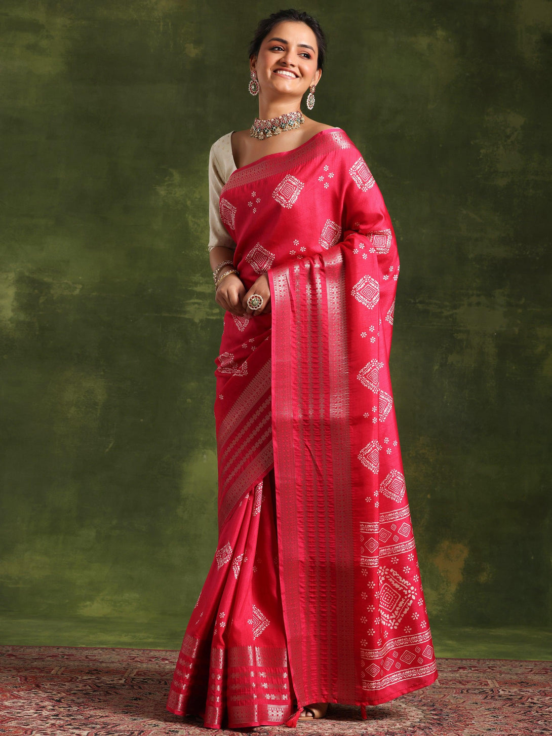 Pink Printed Silk Blend Saree With Unstitched Blouse Piece - Jashvi