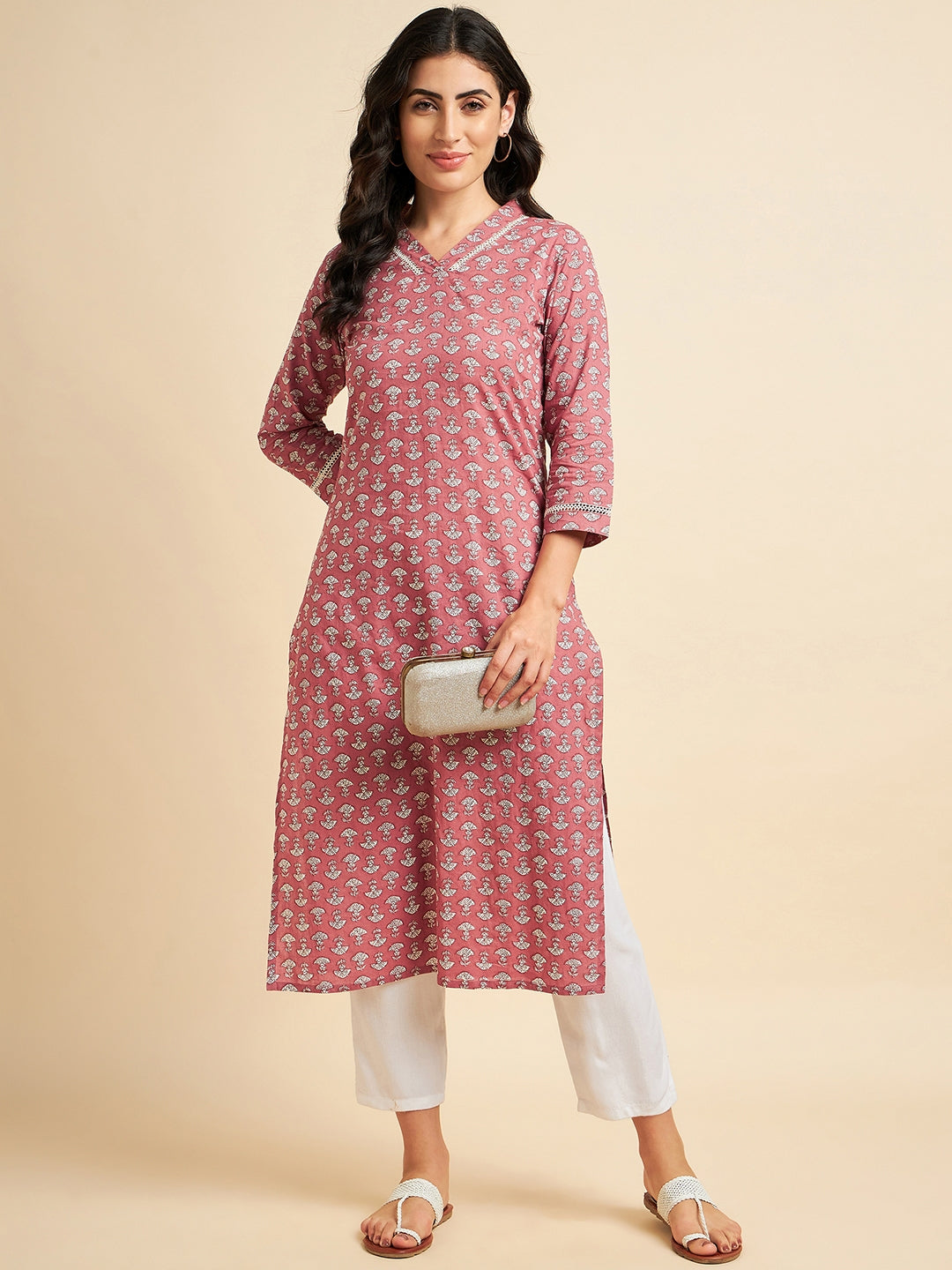 Women's V Neck Printed Cotton Kurta - Azira