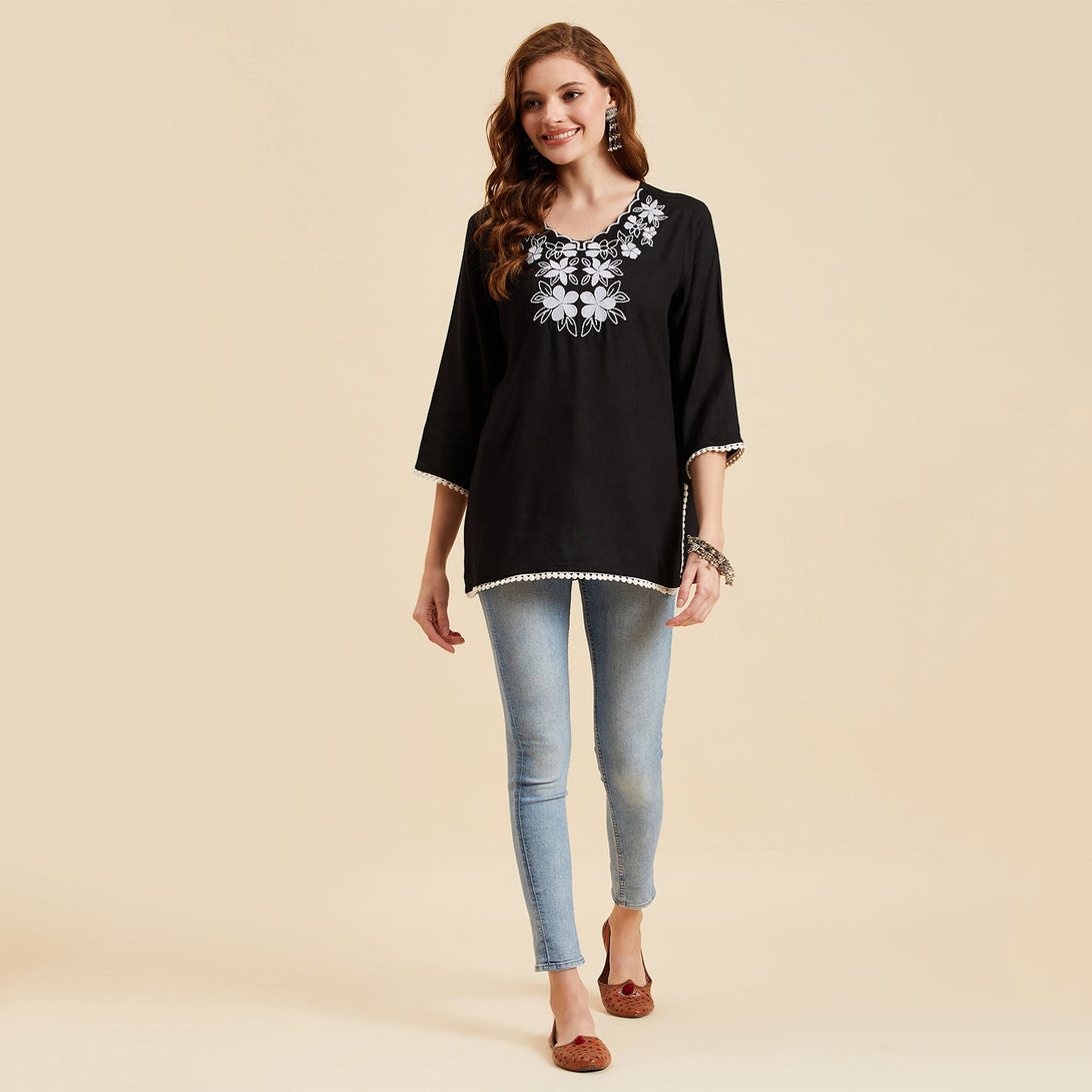 Women's Black Embroidered Top - Azira