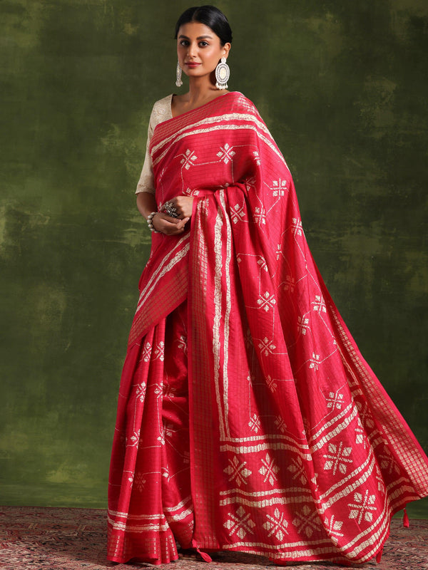 Pink Printed Silk Blend Saree With Unstitched Blouse Piece - Jashvi