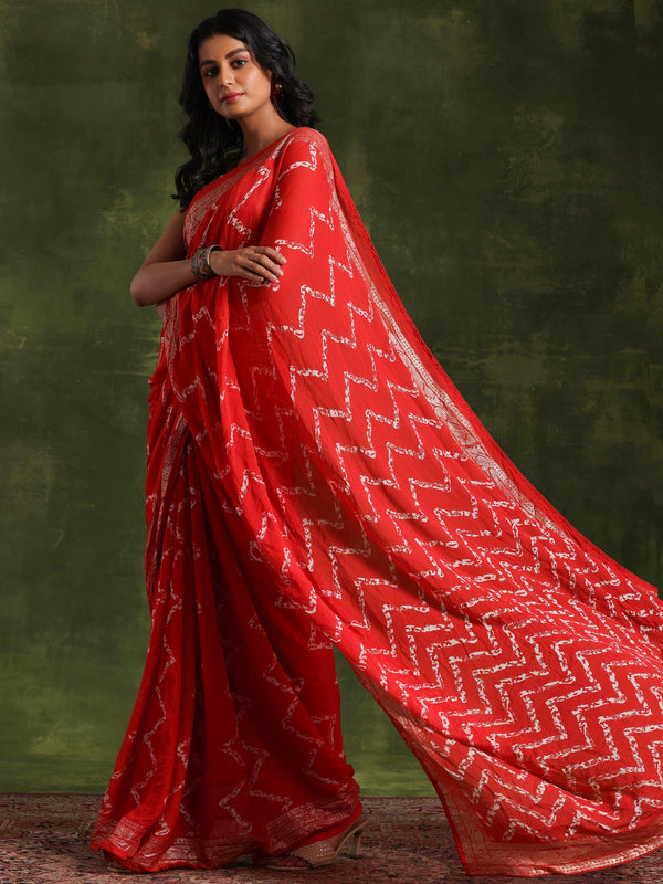 Red Printed Poly Georgette Saree With Unstitched Blouse Piece - Jashvi