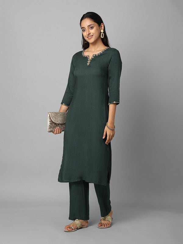 Women's Solid Dark Green Embroidered Side Slit Straight Kurta And Palazzo Set - Azira