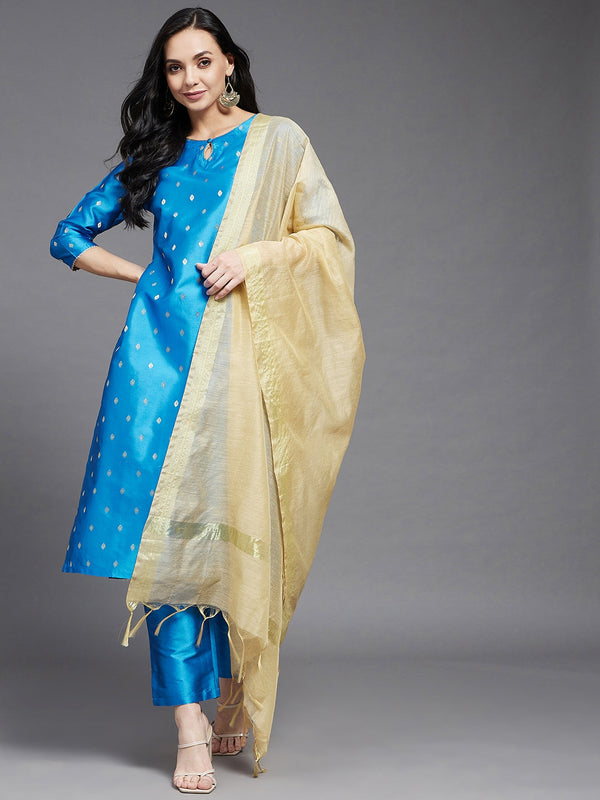 Women's Blue And Gold Solid Side Slit Straight Kurta Palazzo And Dupatta Set - Azira