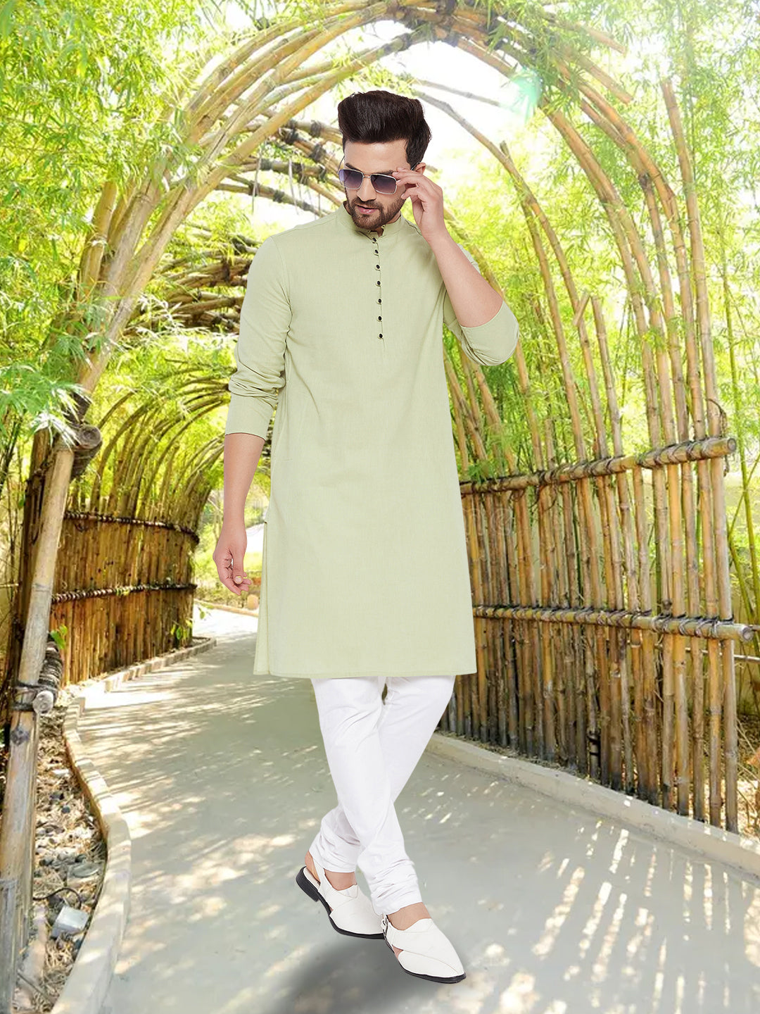 Men's Solid Green Linen Kurta - Even Apparels