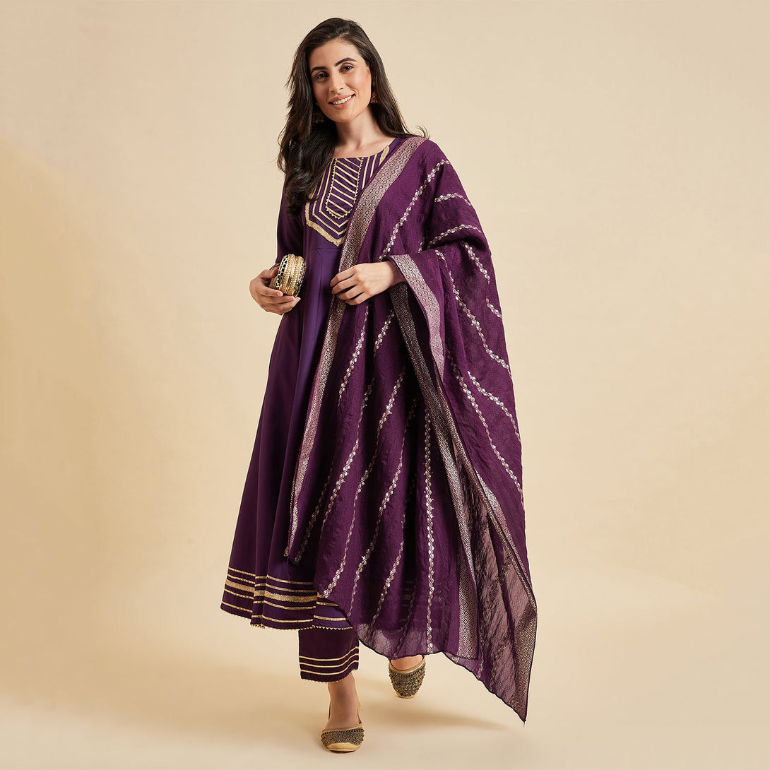 Women's Purple Panelled Kurta With Palazzo And Dupatta Set - Azira